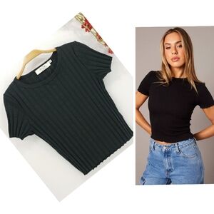 New A. OK Coevolution Black Ribbed Crop Top Sz L